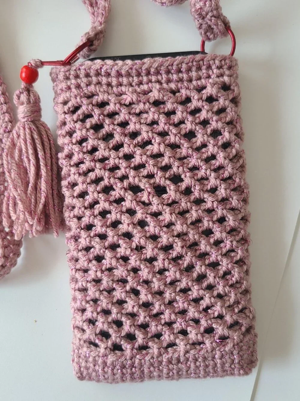 Handmade Hand Crochet Cell Phone Case Holder Crossbody Bag Dust Rose Charm